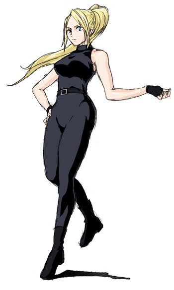 1girl, asami_juusuke, bare_shoulders, blonde_hair, blue_eyes, bodysuit, boots, breasts, female_focus, fingerless_gloves, gloves, hand_on_own_hip, hip_focus, long_hair, ponytail, sarah_bryant, sega, solo, virtua_fighter