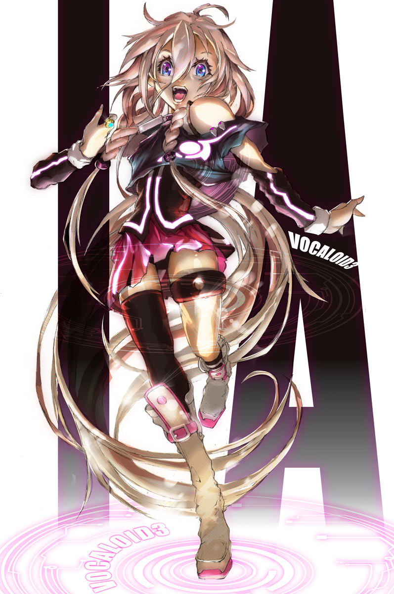 1girl, asymmetrical_legwear, bad_id, bad_pixiv_id, bare_shoulders, blonde_hair, blue_eyes, boots, braid, character_name, female_focus, full_body, highres, ia_(vocaloid), jewelry, long_hair, looking_at_viewer, mismatched_legwear, off_shoulder, open_mouth, payload.nov, ring, simple_background, single_sock, single_thighhigh, socks, solo, thigh_strap, thighhighs, tsuufuu_(artist), twin_braids, uneven_legwear, very_long_hair, vocaloid