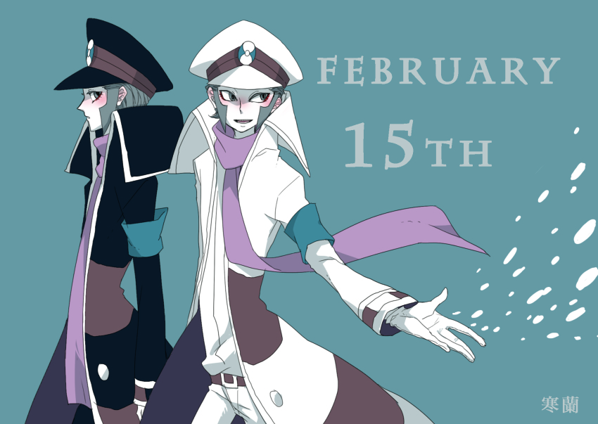 2boys, blush, calendar, emmet_(pokemon), grey_eyes, grey_hair, hat, highres