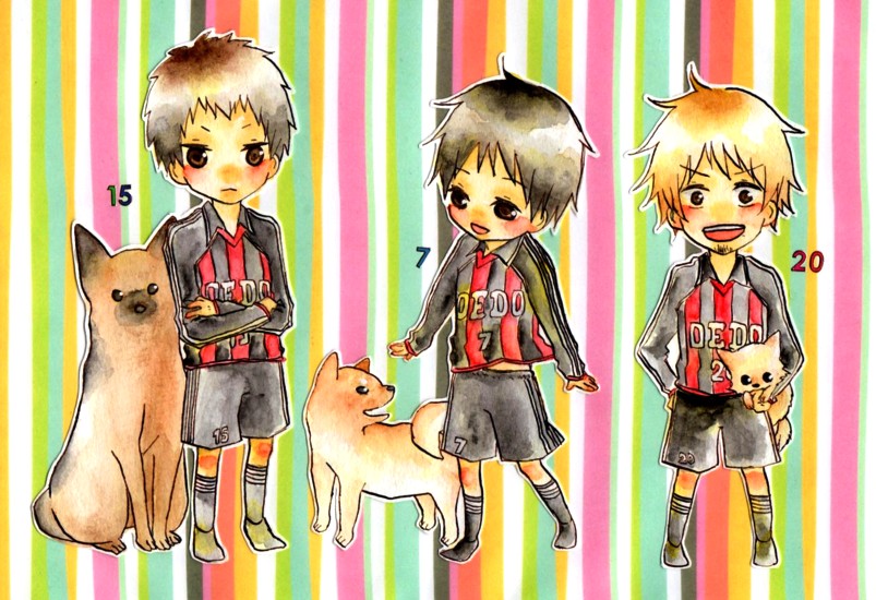 3boys, akasaki_ryo, animal, black_hair, brown_eyes, brown_hair, chibi, crossed_arms, dog, giant_killing, hand_on_own_hip, hip_focus, male_focus, multiple_boys, open_mouth, sera_kyohei, serious, short_hair, smile, soccer, soccer_uniform, sport_uniform, sportswear, striped, tsubaki_daisuke