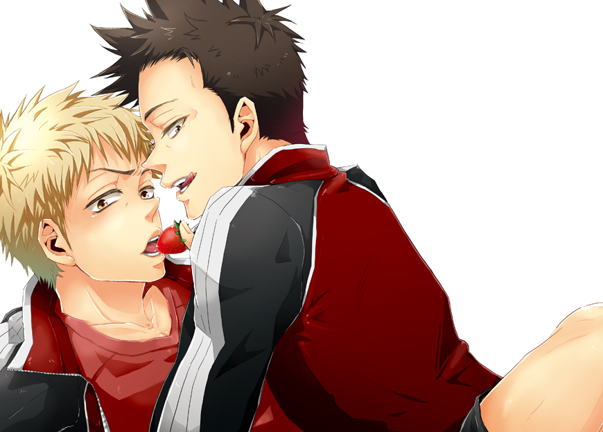 2boys, black_hair, blonde_hair, food, fruit, giant_killing, ishigami_tatsuo, looking_at_viewer