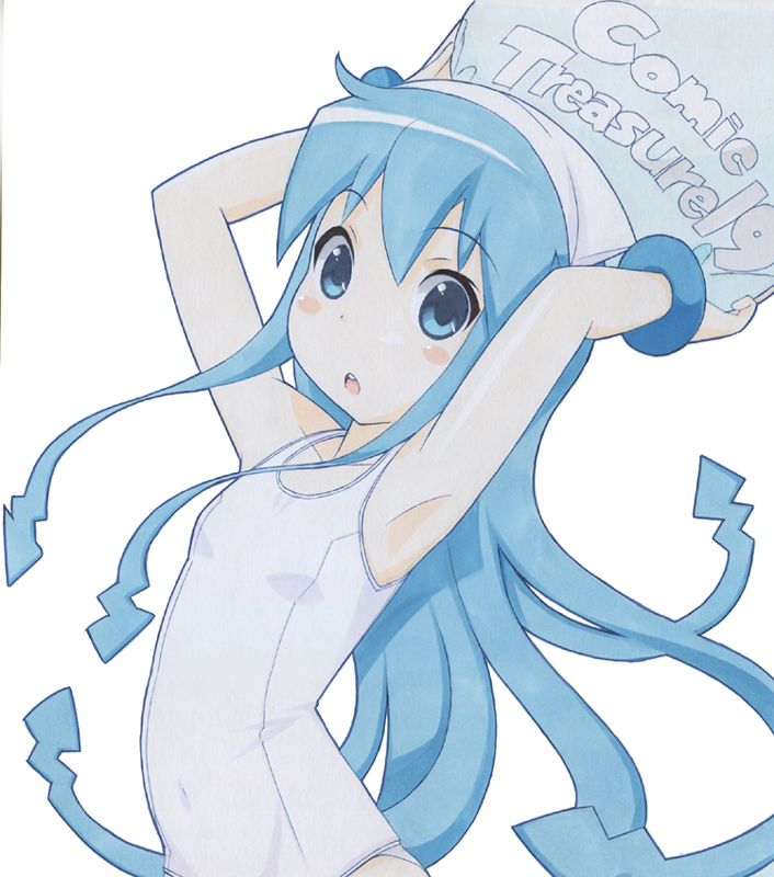 1girl, armpits, blue_eyes, blue_hair, female_focus, ikamusume, long_hair, marker_(medium), matching_hair/eyes, one-piece_swimsuit, school_swimsuit, shinryaku!_ikamusume, shirohebidou, solo, swimsuit, tentacle_hair, traditional_media, white_one-piece_swimsuit