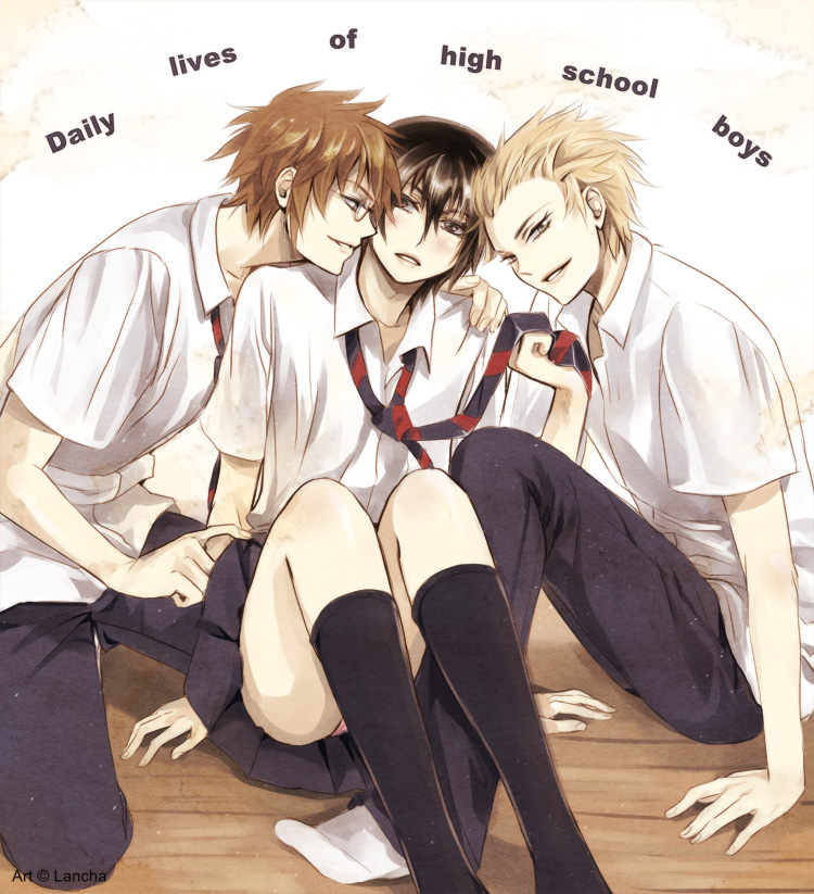 3boys, arm_around_shoulder, black_hair, black_socks, blonde_hair, brown_hair, copyright_name, crossdressing