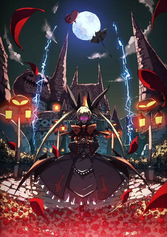 1girl, arc_system_works, blazblue, blonde_hair, bow, castle, dress, female_focus, flower, glowing, glowing_eyes, lights, long_hair, own_hands_clasped, own_hands_together, page_(page1555), petals, rachel_alucard, red_eyes, solo, twintails