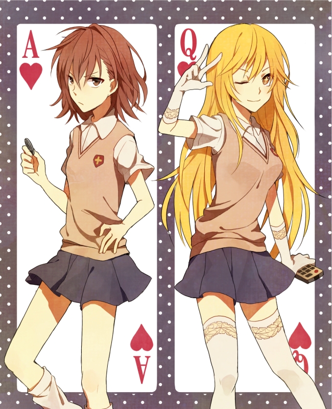 +_+, 2girls, ;), blonde_hair, brown_eyes, brown_hair, card, card_(medium), coin, controller, elbow_gloves, gloves, long_hair, looking_at_viewer, loose_socks, misaka_mikoto, multiple_girls, one_eye_closed, playing_card, playing_card_(medium), pleated_skirt, remote_control, school_uniform, serious, shokuhou_misaki, short_hair, short_sleeves, skirt, smile, socks, spider_web_print, sweater_vest, symbol-shaped_pupils, thighhighs, toaru_kagaku_no_railgun, toaru_majutsu_no_index, v, white_gloves, white_legwear, wink, yellow_eyes, zarutsu, zettai_ryouiki