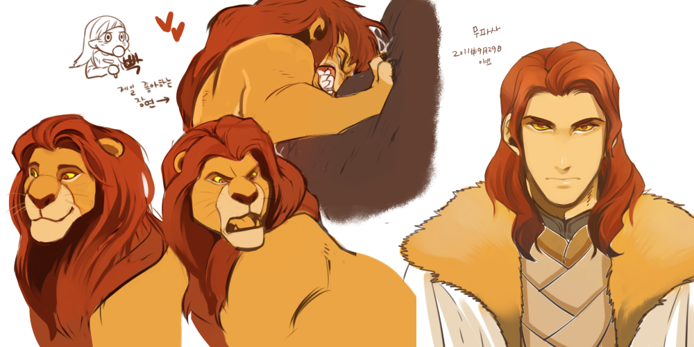 1boy, animification, bad_id, bad_pixiv_id, brown_eyes, brown_hair, colored_sclera, disney, fur_trim, korean_text, lion, male_focus, mane, mufasa, personification, red_hair, solo, the_lion_king, yamyo, yellow_sclera