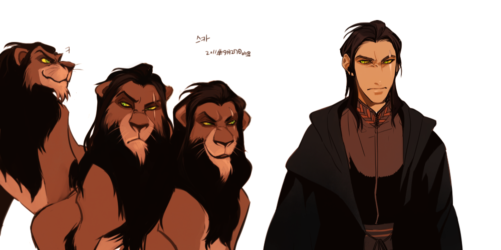 1boy, animification, bad_id, bad_pixiv_id, black_hair, cape, disney, green_eyes, lion, male_focus, personification, scar, scar_(the_lion_king), scar_across_eye, scar_on_face, simple_background, solo, the_lion_king, white_background, yamyo