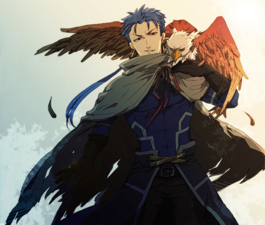 1boy, 5_(femfamme), alternate_costume, bad_id, bad_pixiv_id, bird, black_gloves, blue_hair