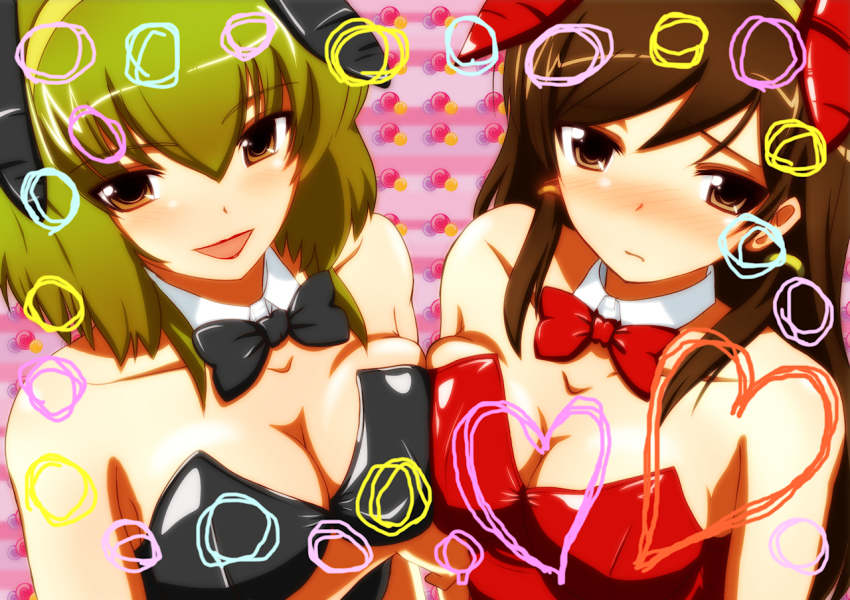 2girls, animal_ears, bare_shoulders, blush, bow, bowtie, breast_hold, breasts