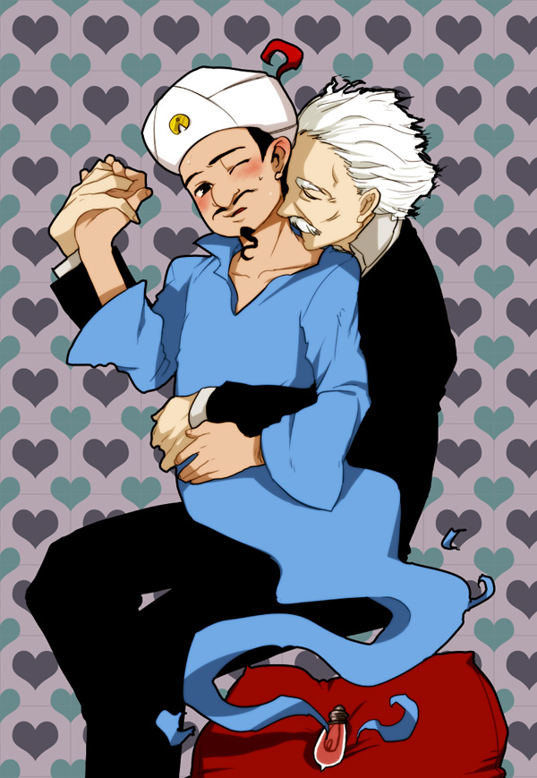 2boys, akinator, albert_einstein, arm_around_another's_waist, artist_request, bad_id, bad_pixiv_id, blush