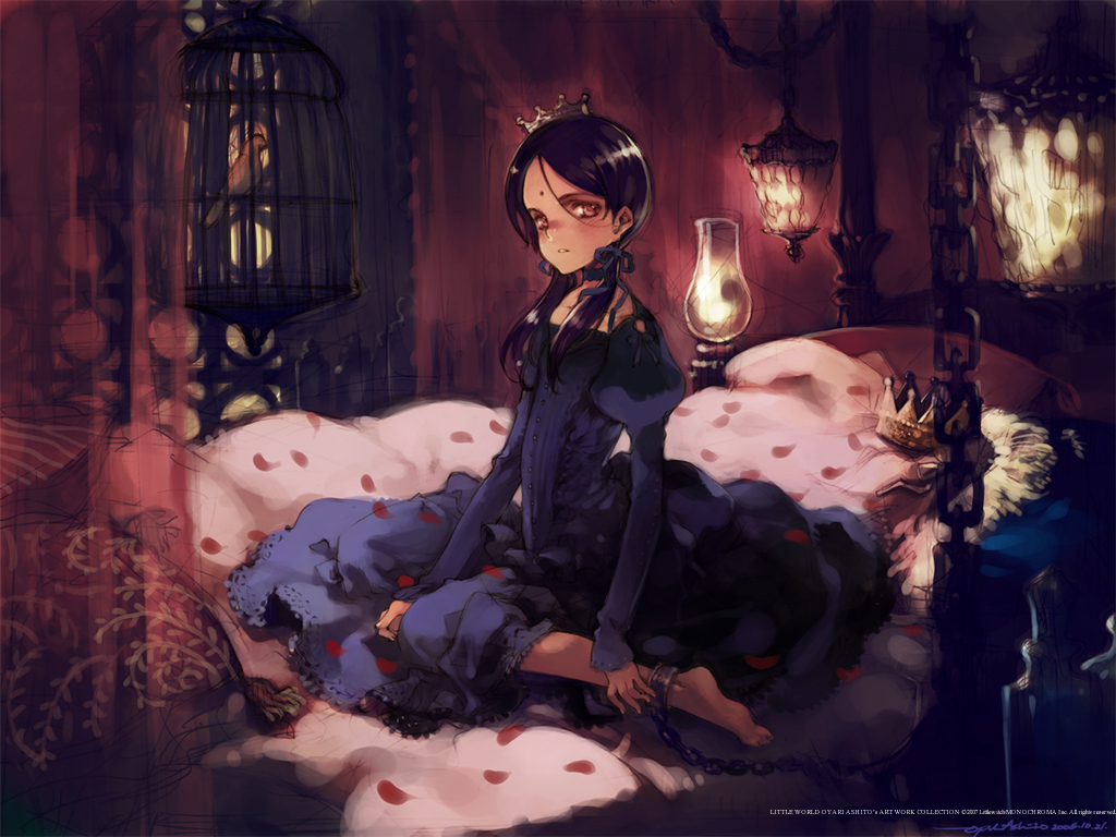 1girl, barefoot, bdsm, bed, bedroom, bindi, black_hair, blush