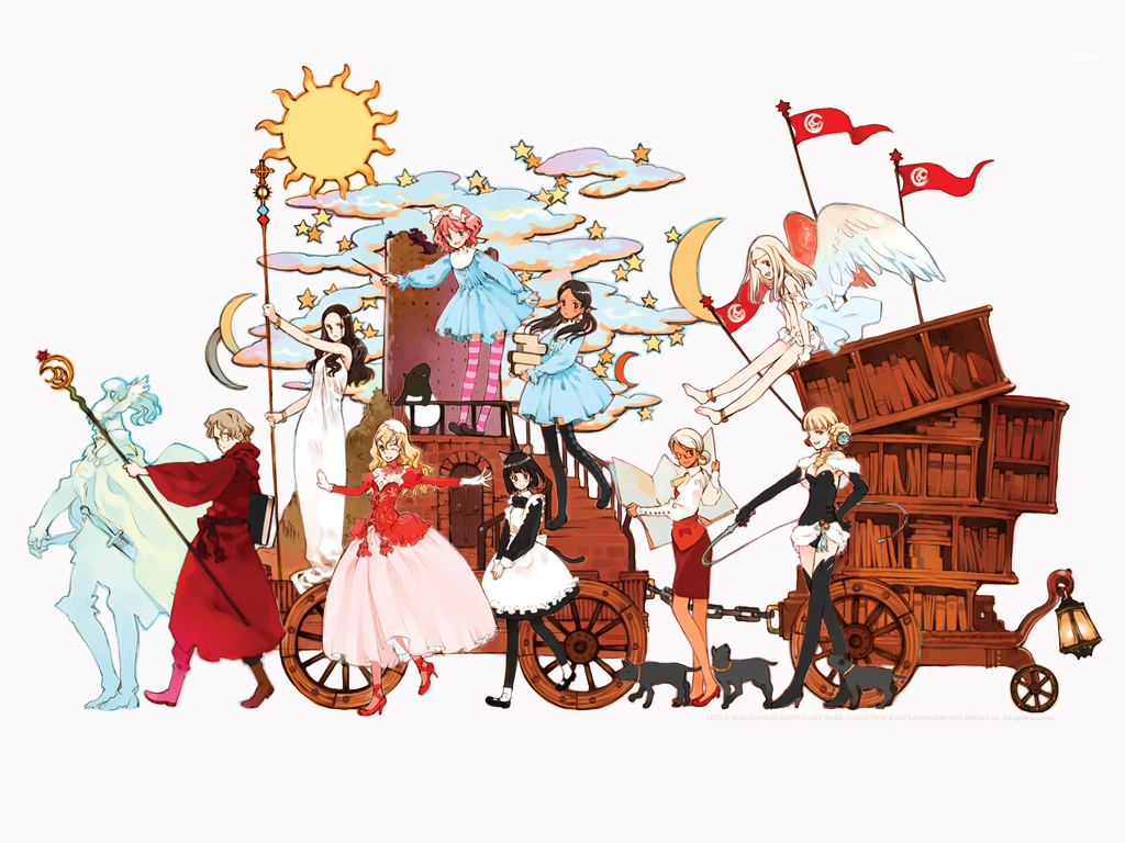 6+girls, :d, ;d, angel, angel_wings, animal_ears, anklet, apron