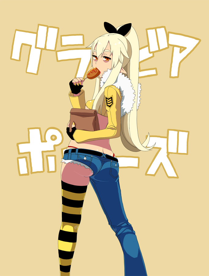 1girl, ass, asymmetrical_clothes, bag, bags_under_eyes, blonde_hair, breasts, corn_dog, cutoffs, denim, eating, female_focus, fingerless_gloves, fingernails, fur_trim, gloves, jeans, long_hair, looking_back, menokuma, nail_polish, nanakura_nanane, original, panties, pants, paper_bag, pointy_ears, ponytail, red_eyes, sidelocks, single_pantsleg, single_thighhigh, solo, striped_clothes, striped_thighhighs, thighhighs, thong, underboob, underwear