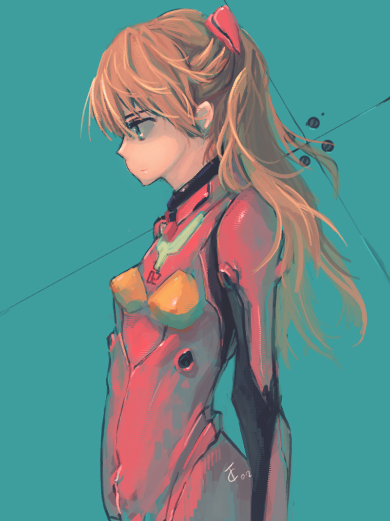 1girl, aqua_background, aqua_eyes, arm_at_side, bodysuit, breasts, brown_hair, covered_erect_nipples