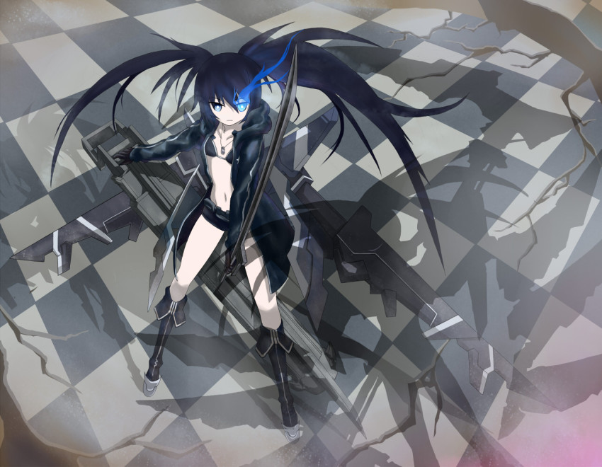 10s, 1girl, bikini, bikini_top_only, black_hair, black_rock_shooter, black_rock_shooter_(character), blue_eyes, boots, chain, coat, female_focus, glowing, glowing_eyes, midriff, navel, shorts, solo, swimsuit, sword, tarian, twintails, weapon