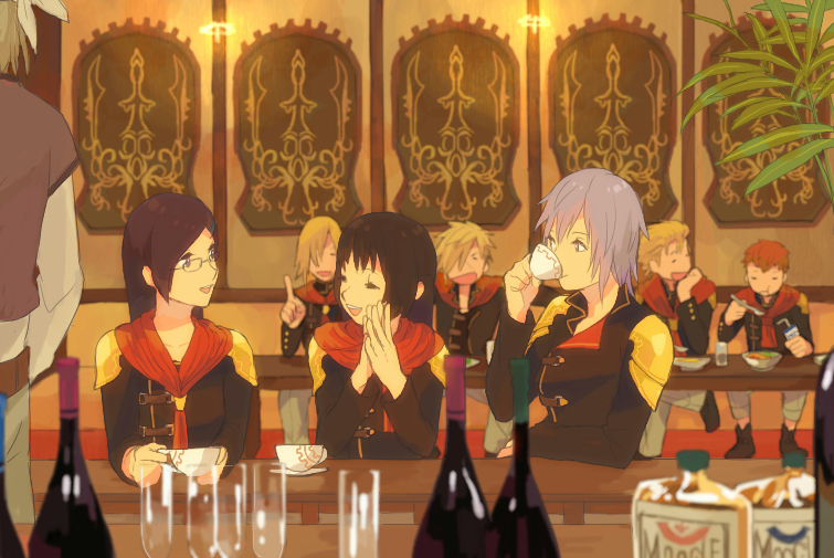 3girls, 5boys, alcohol, bad_id, bad_pixiv_id, black_hair, class, cup, drinking, eight_(fft-0), final_fantasy, final_fantasy_type-0, glass, glasses, hair_ornament, hairclip, index_finger_raised, jack_(fft-0), military, military_uniform, multiple_boys, multiple_girls, nine_(fft-0), own_hands_together, queen_(fft-0), seven_(fft-0), teacup, trey_(fft-0), ugonba, wine