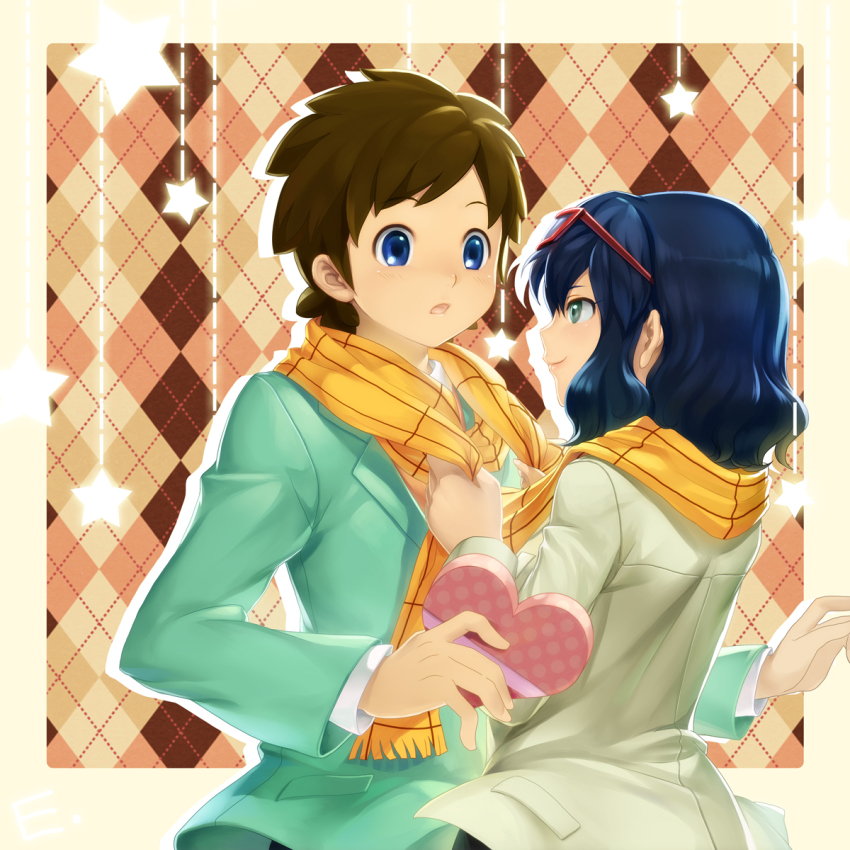 1boy, 1girl, blue_eyes, blue_hair, blush, brown_hair, erian, eyewear_on_head