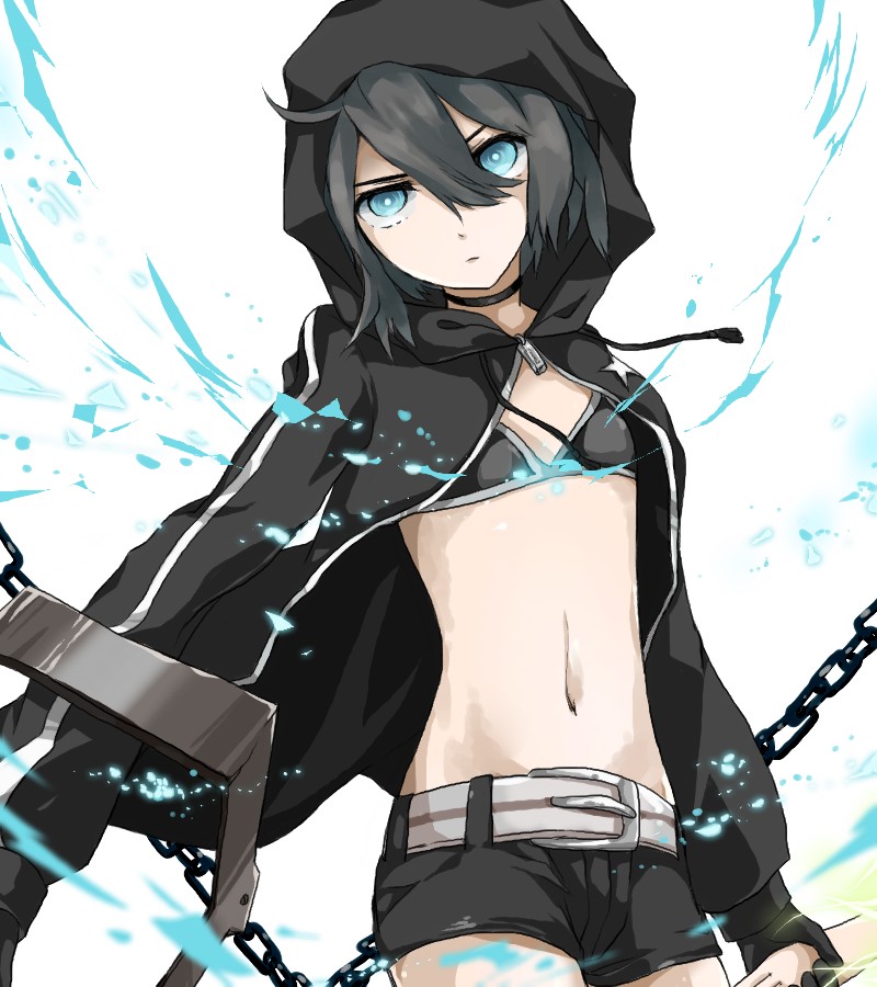 10s, 1girl, bad_id, bad_pixiv_id, bikini, bikini_top_only, black_hair, black_rock_shooter, black_rock_shooter_(character), blue_eyes, chain, choker, coat, female_focus, hood, midriff, navel, saihate_(saihate_d3), solo, swimsuit