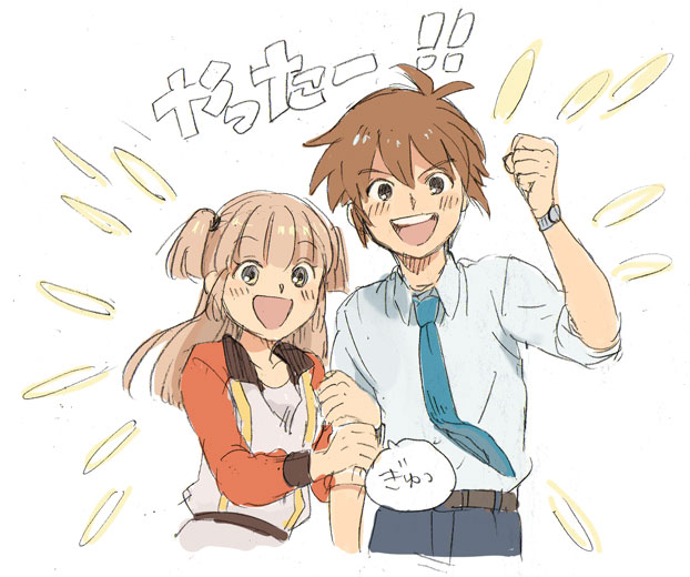 1boy, 1girl, ahoge, bad_id, bad_pixiv_id, brown_eyes, brown_hair, cheering