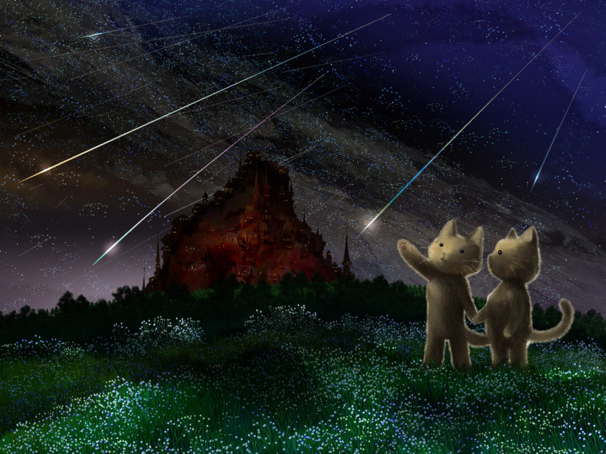 cat, city, highres, holding_hands, meadow, milky_way, night, no_humans, original, shooting_star, sky, star_(sky), star_(symbol), suika_m