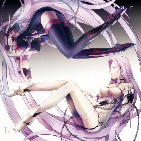 2girls, bad_id, bad_pixiv_id, bare_shoulders, blindfold, breasts, chain, dagger, dark_persona, dress, dual_persona, fate/stay_night, fate_(series), knife, light_persona, lily_servant, long_hair, long_legs, medusa_(fate), medusa_(rider)_(fate), multiple_girls, purple_eyes, purple_hair, rotational_symmetry, smi, smi_(enraku), strapless, strapless_dress, thighhighs, very_long_hair, weapon