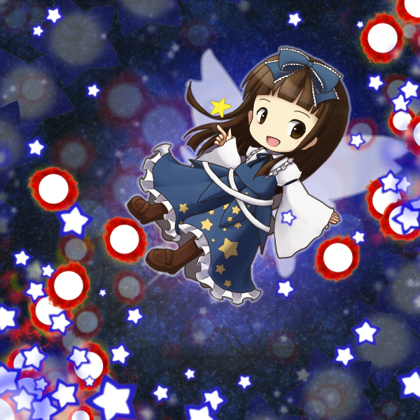 1girl, bad_id, bad_pixiv_id, brown_eyes, brown_hair, danmaku, female_focus, hair_ribbon