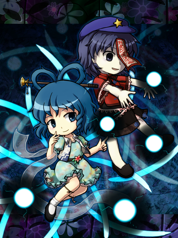 2girls, bad_id, bad_pixiv_id, beret, blue_eyes, blue_hair, danmaku, dress