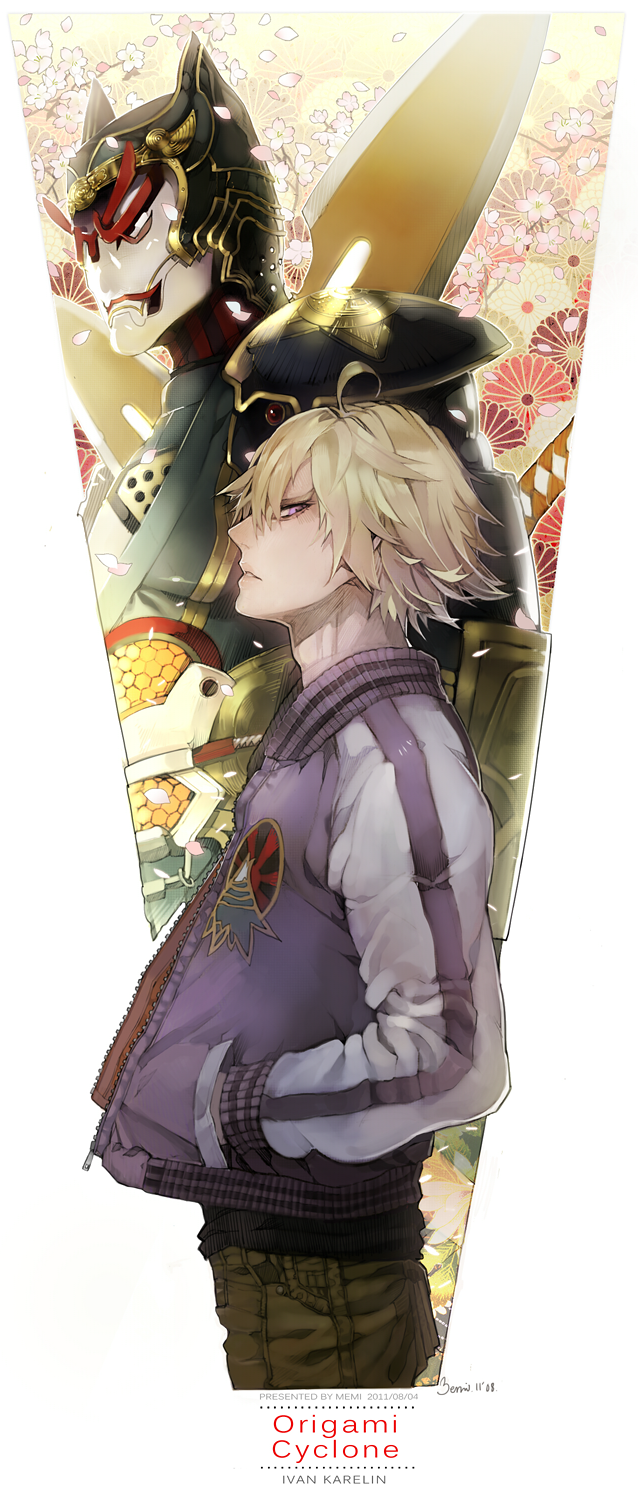 10s, 2boys, ahoge, armor, blonde_hair, dual_persona, hands_in_pockets, helmet