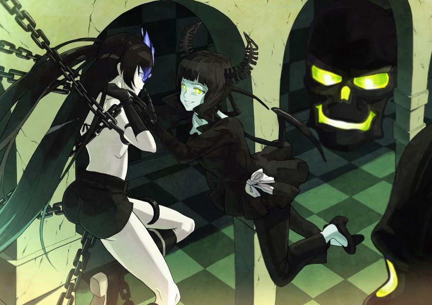 10s, 2girls, absurdres, ass, bad_id, bad_pixiv_id, belt, black_hair, black_rock_shooter, black_rock_shooter_(character), blue_eyes, boots, chain, checkered_floor, dead_master, glowing, glowing_eyes, green_eyes, grin, highres, horns, jagaimo_(kkamja), leggings, long_hair, multiple_girls, pale_skin, r2, shorts, skull, smile, twintails, wings