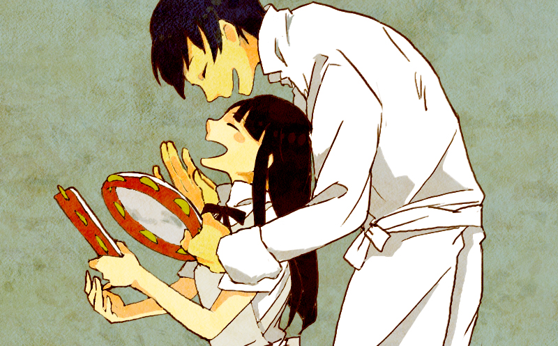 1boy, 1girl, apron, bad_id, bad_pixiv_id, black_hair, blush_stickers, closed_eyes, couple, hetero, instrument, long_hair, sakuraya, short_hair, souma_hiroomi, tambourine, working!!, yamada_aoi
