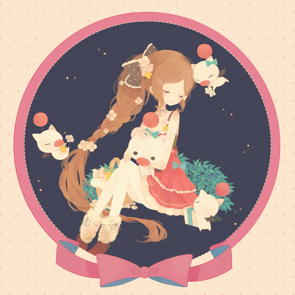 1990s_(style), 1girl, aerith_gainsborough, alternate_costume, bare_shoulders, basket, boots, bow, box, braid, brown_hair, choker, dress, closed_eyes, final_fantasy, final_fantasy_vii, flower, frills, fur_trim, hair_bow, hair_flower, hair_ornament, hairclip, long_hair, mero_(jiantumelody), moogle, hugging_object, pantyhose, patterned_legwear, pink_dress, pink_skirt, polka_dot, polka_dot_legwear, ponytail, ribbon_choker, short_dress, sitting, skirt, sleeveless, sleeveless_dress, stuffed_toy, very_long_hair