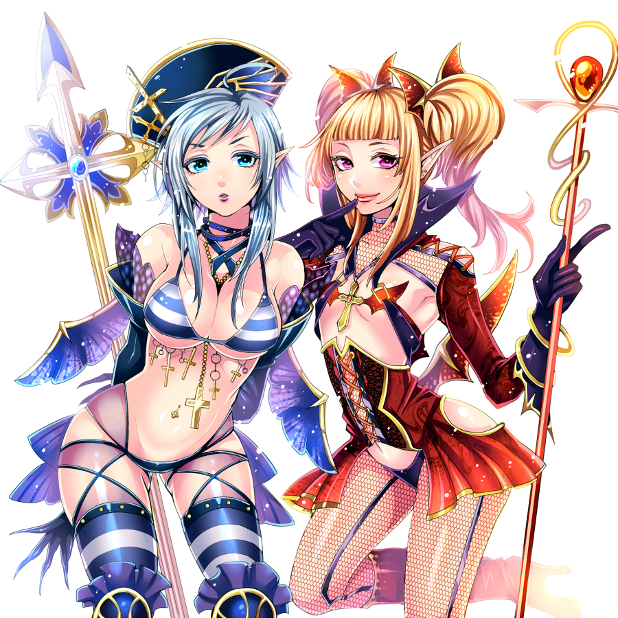 2girls, :o, aqua_eyes, arms_behind_back, bad_id, bad_pixiv_id, between_breasts, blonde_hair
