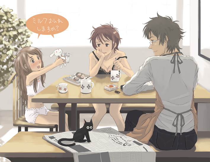 bloomers, cat, child, family, messy_hair, muraji, newspaper, sitting