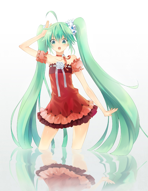 1girl, ahoge, aqua_eyes, aqua_hair, bad_id, bad_pixiv_id, dress, enick, hatsune_miku, long_hair, looking_at_viewer, reflection, simple_background, spoon_(jesing), twintails, very_long_hair, vocaloid, wading