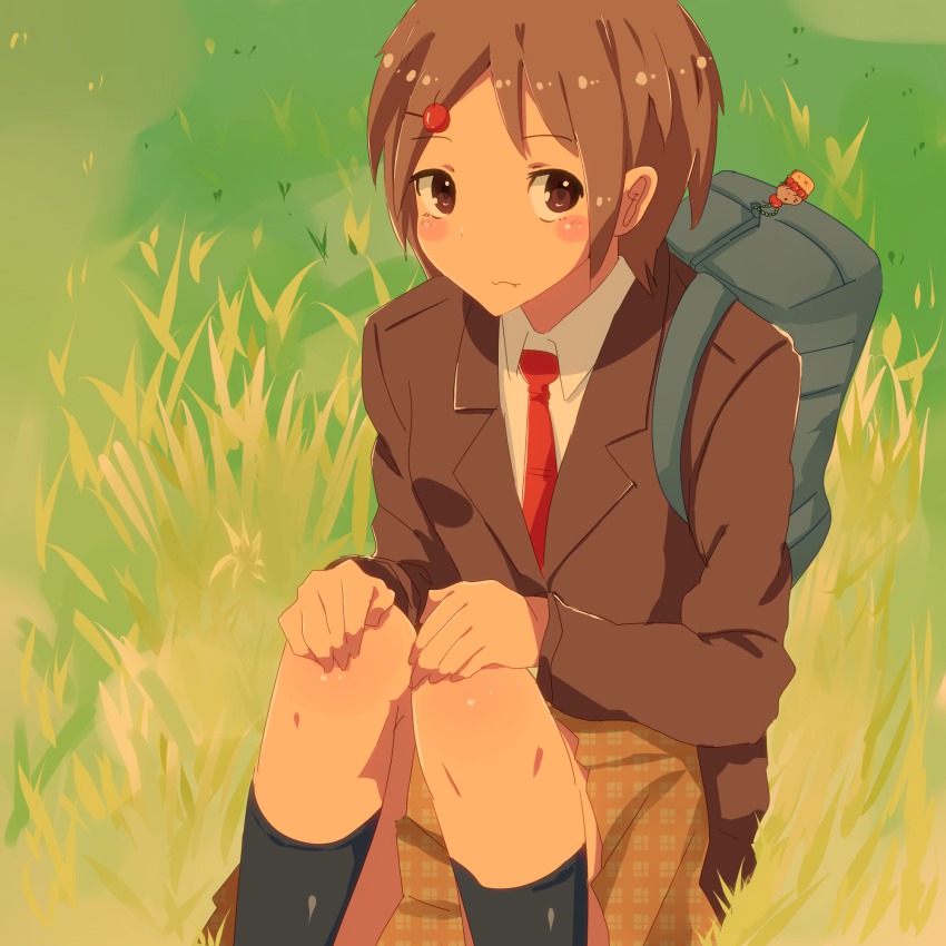 1girl, apple, backpack, bag, blazer, blush, blush_stickers, brown_eyes