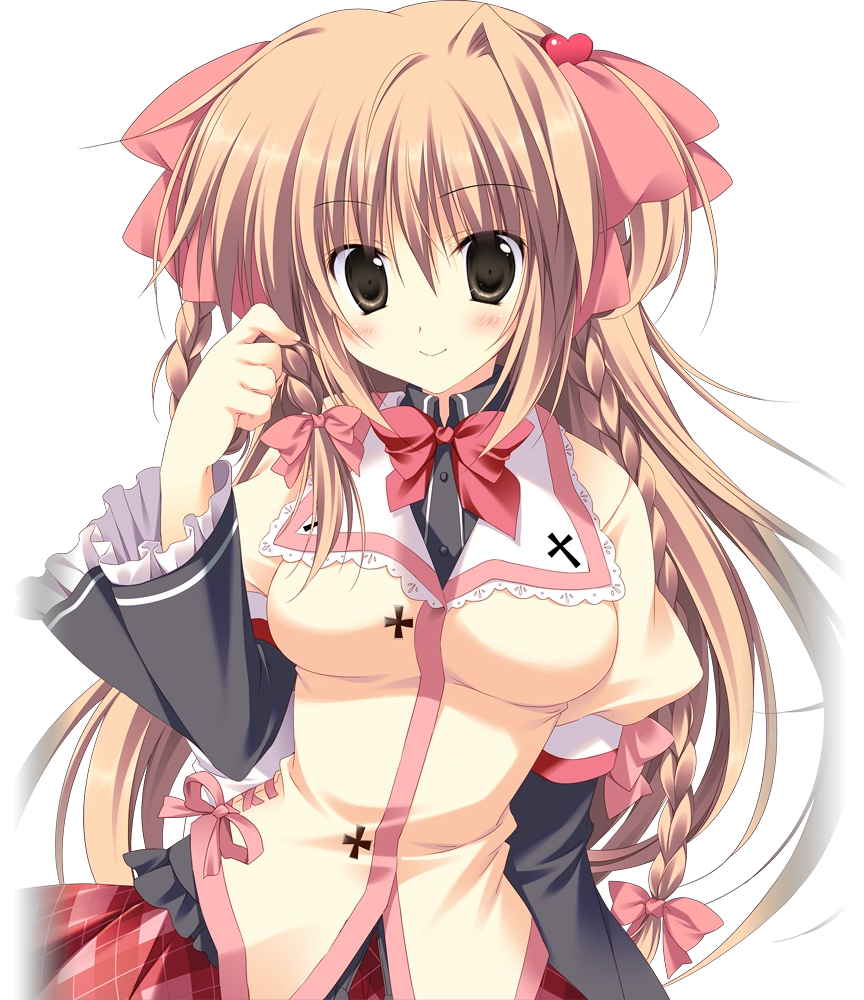 1girl, arm_behind_back, blonde_hair, braid, brown_eyes, cross, dress, female_focus