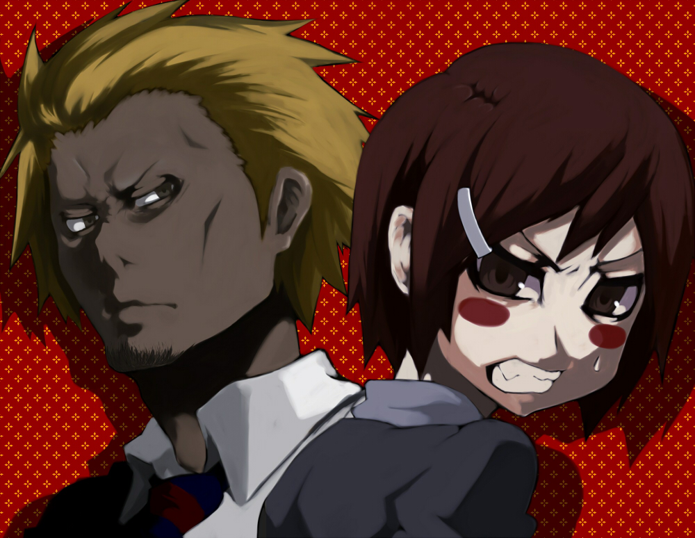 1boy, 1girl, angry, ayame_hashinimasen, bad_id, bad_pixiv_id, blonde_hair, blush_stickers