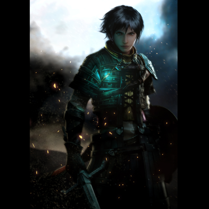 1boy, absurdres, armor, black_hair, blue_eyes, gloves, highres, male_focus