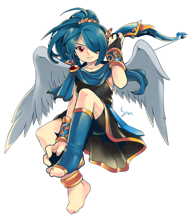 1boy, bad_id, bad_pixiv_id, barefoot, blue_hair, bracer, cosplay, feet, full_body, inazuma_eleven, inazuma_eleven_(series), kazemaru_ichirouta, kid_icarus, long_hair, male_focus, nintendo, peadrins, pit_(cosplay), pit_(kid_icarus), ponytail, red_eyes, simple_background, smile, solo, trap, white_background, wings