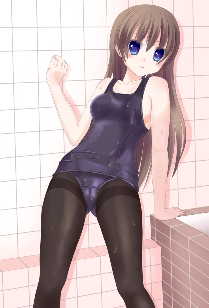1girl, bathing, bathroom, black_pantyhose, blue_eyes, brown_hair, female_focus, ikeda_yuuki