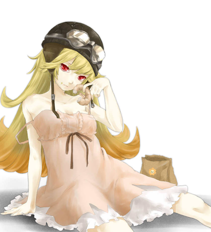 1girl, absurdres, bad_id, bad_pixiv_id, bakemonogatari, bare_shoulders, blonde_hair, donut, dress, female_focus, food, food_on_face, goggles, goggles_on_head, helmet, highres, long_hair, luna1116, monogatari_(series), oshino_shinobu, red_eyes, solo, strap_slip, torn_clothes