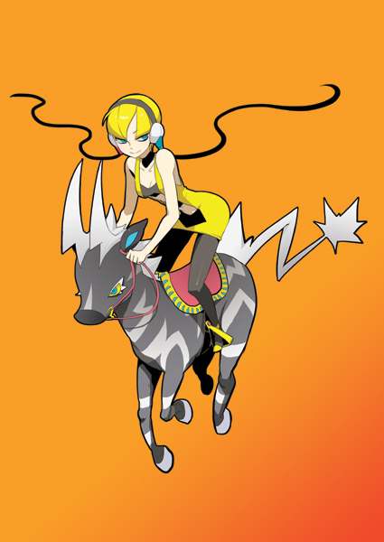 10s, 1girl, bare_shoulders, blonde_hair, blue_eyes, elesa_(pokemon), gen_5_pokemon, gym_leader