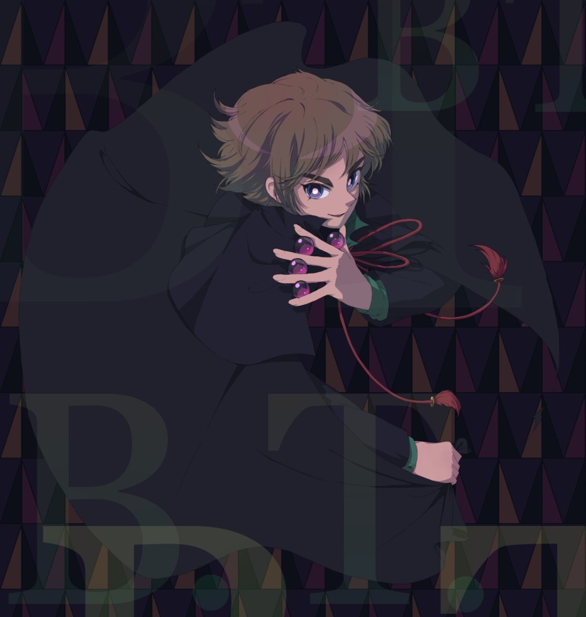 1boy, b.t., bad_id, bad_pixiv_id, blue_eyes, brown_hair, bt_(ma_shounen_bt), cape, highres, kotobukidaifuku, ma_shounen_b.t., ma_shounen_bt, male_focus, marble_(toy), solo