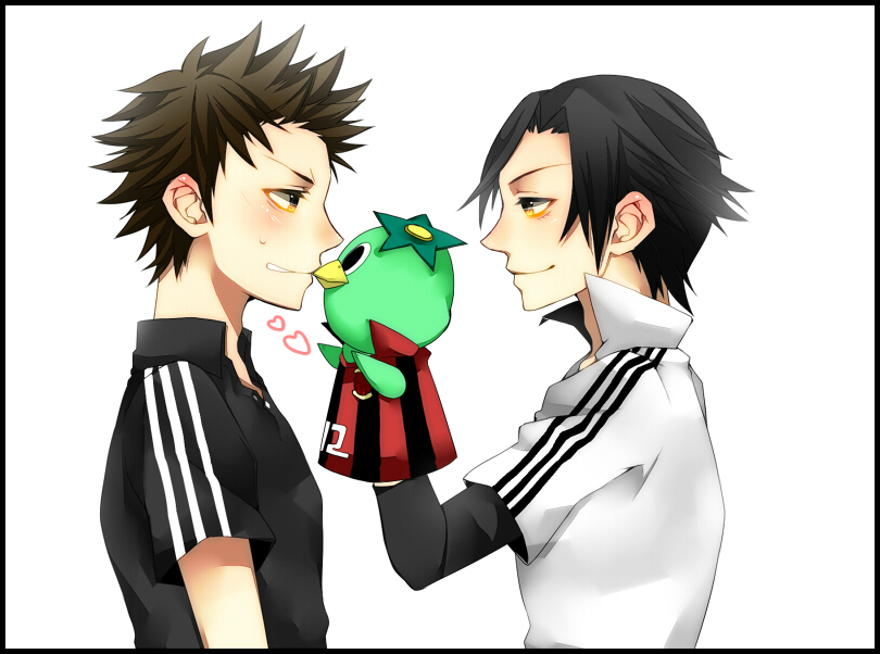 2boys, angry, black_hair, brown_hair, doll, giant_killing, heart, male_focus