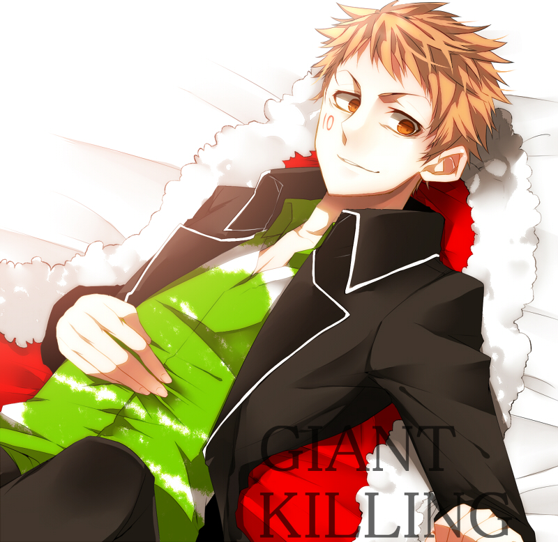 1boy, bed, brown_eyes, brown_hair, capelet, giant_killing, male_focus, mochida