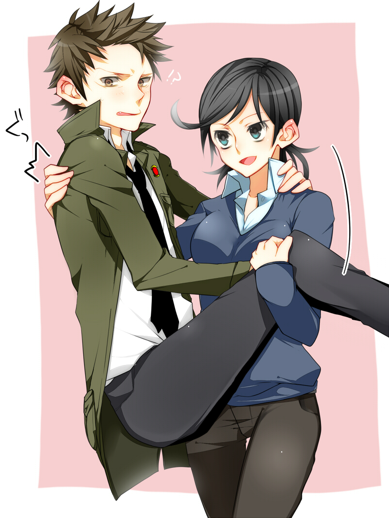 1boy, 1girl, black_hair, blue_eyes, brown_hair, carrying, giant_killing, nagata_yuri