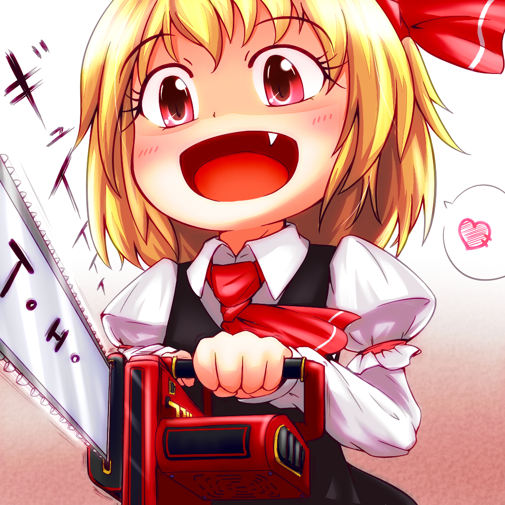 1girl, ascot, black_dress, blonde_hair, chainsaw, chibi, chocolate_candy, dress
