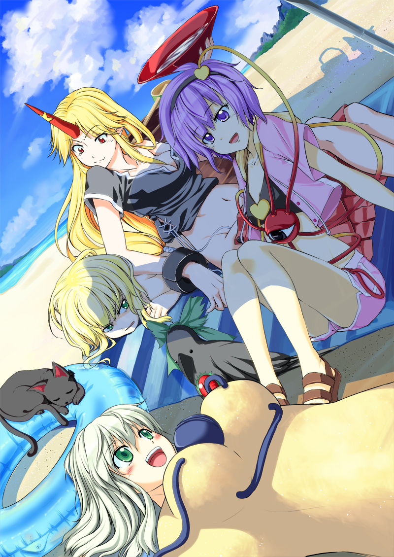 4girls, :d, alternate_costume, bad_id, bad_pixiv_id, baiken_(artist), beach, bird, bow, breasts, buried, casual, cat, cleavage, clothes_pull, contemporary, cuffs, cup, dutch_angle, eyeball, female_focus, girl_on_top, green_eyes, hairband, heart, hishaku, horns, hoshiguma_yuugi, innertube, kaenbyou_rin, kaenbyou_rin_(cat), komeiji_family_(touhou), komeiji_koishi, komeiji_satori, komeiji_satori_(cat), kurodani_yamame, long_hair, lying, medium_breasts, mizuhashi_parsee, moss_(sphere211), multiple_girls, multiple_tails, navel, no_panties, ocean, on_stomach, open_clothes, open_mouth, open_skirt, purple_eyes, purple_hair, red_eyes, reiuji_utsuho, reiuji_utsuho_(bird), sakazuki, short_hair, shorts, siblings, silhouette, silver_hair, single_horn, sisters, sitting, skirt, skirt_pull, small_breasts, smile, swim_ring, swimsuit, tail, third_eye, touhou