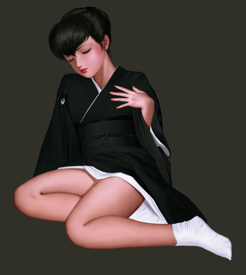 1girl, black_hair, closed_eyes, female_focus, hair_up, hand_on_own_chest, head_tilt, highres