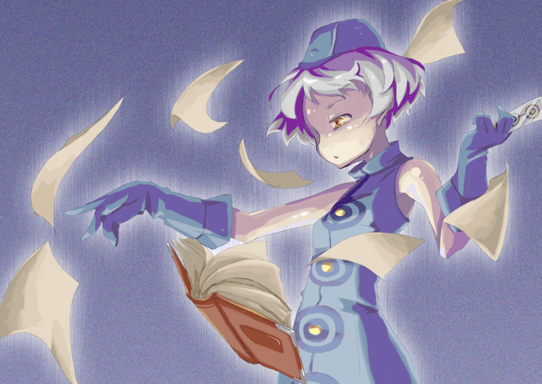 1girl, atlus, bare_shoulders, blue_background, blue_dress, blue_gloves, blue_hat, book, card, closed_mouth, dress, elbow_gloves, elizabeth_(persona), expressionless, female_focus, floating, floating_book, floating_object, garrison_cap, gloves, hat, holding, holding_card, open_book, paper, persona, persona_3, shaded_face, short_hair, silver_hair, simple_background, sleeveless, sleeveless_dress, solo, upper_body, yellow_eyes, yomi_(artist)